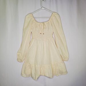 Lillusory Milkmaid Dress Jr Medium Cream Empire Smocked Long Puff Sleeve Ruffle